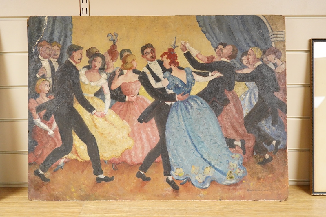 Eva. H. Robertson, ballroom scene with couples dancing, signed, oil on board, unframed, 40 x 73cm